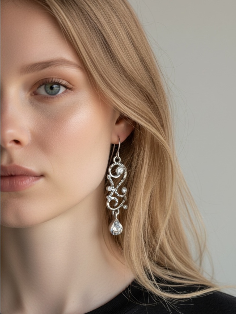 9/19 Elegant Silver Scroll Drop Earrings with Clear Crystal Teardrop